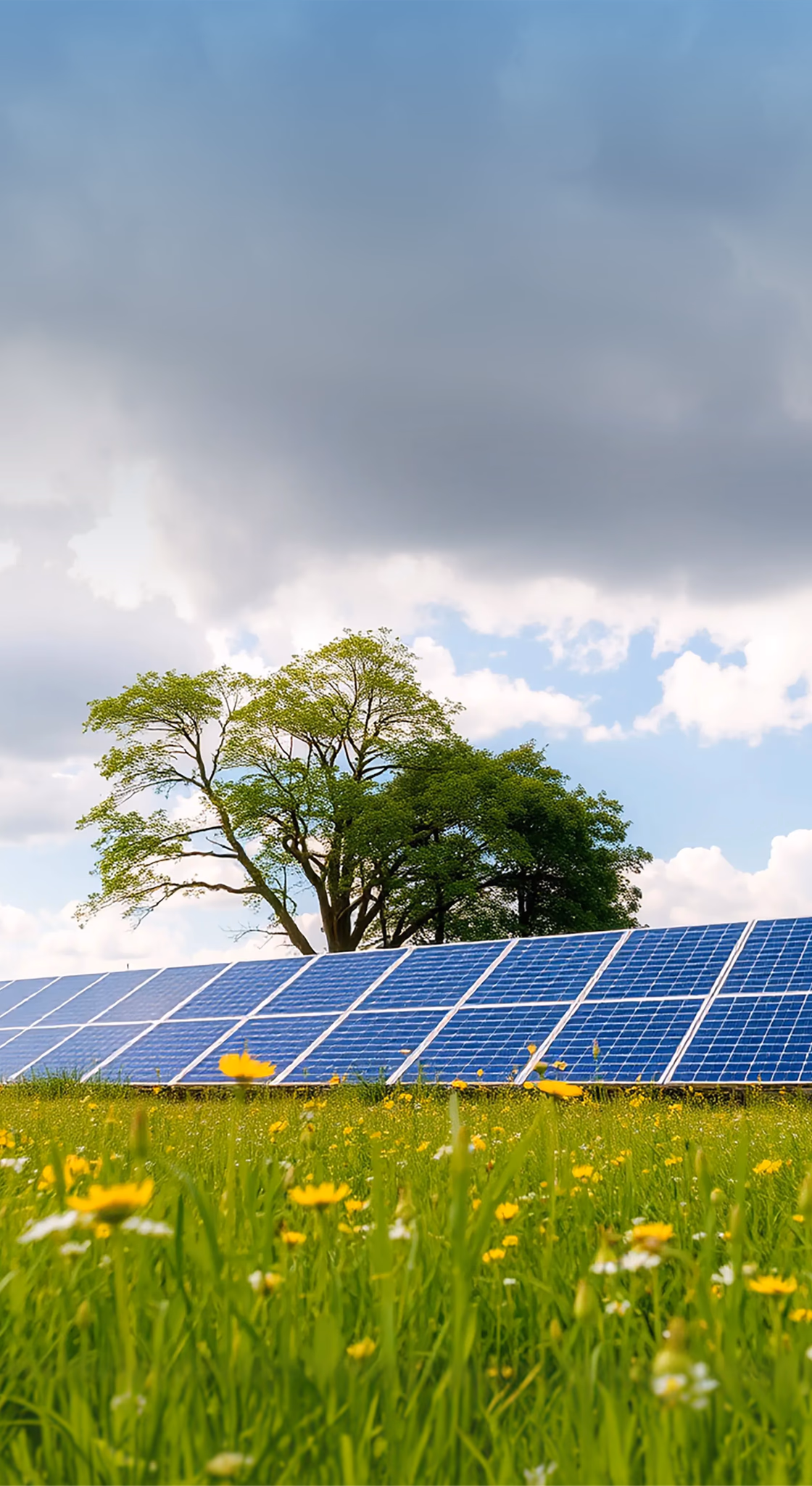 A row of solar panels across a meadow in bloom